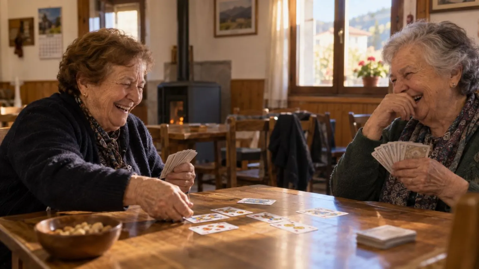 Dos mujeres mayores ríen mientras juegan a las cartas en una cocina